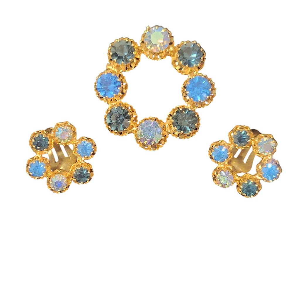 Vintage Austrian‎ Crystal Brooch Clip Earrings Set Blue and AB Aurora Borealis